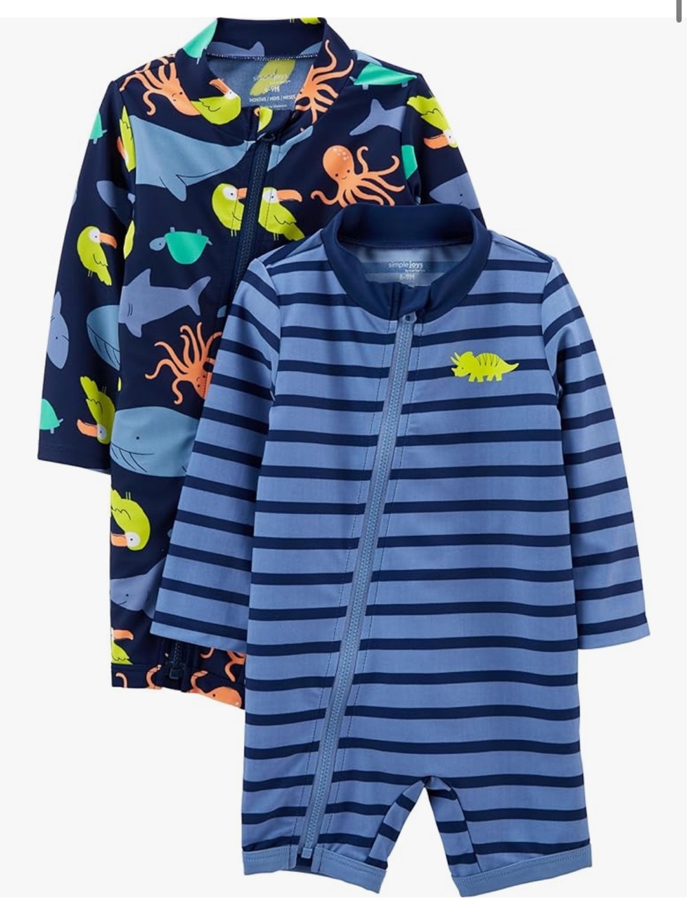 Carter's simplejoys Navy & Blue Striped & Ocean Print Swim Rompers - 2-Pack